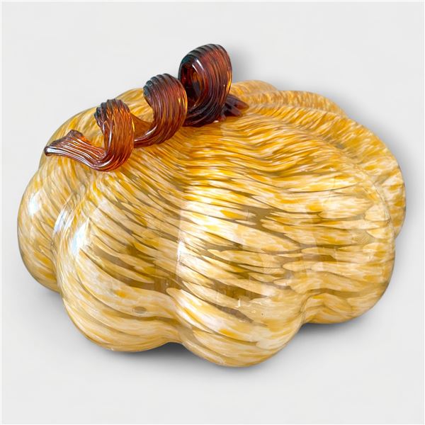 Yellow and Amber Art Glass Pumpkin - 11" diameter x 6" tall