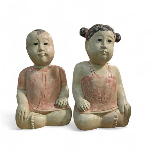 Pair of Hand Carved & Painted Wood Good Luck Baby Boy & Girl Statues - Each is 14" tall x 8" wide
