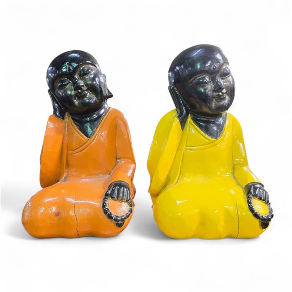 Pair of Hand Carved & Painted Wood Baby Buddha Statues - 7" x 7" x 13" tall