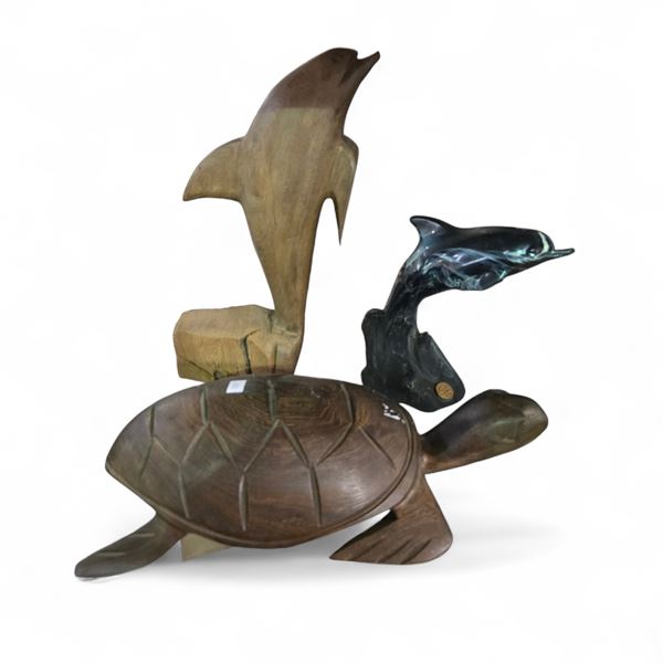 Carved Ironwood Turtle, Cook '79 Resin Dolphin Statue, & 12" Carved Wood Dolphin Statue