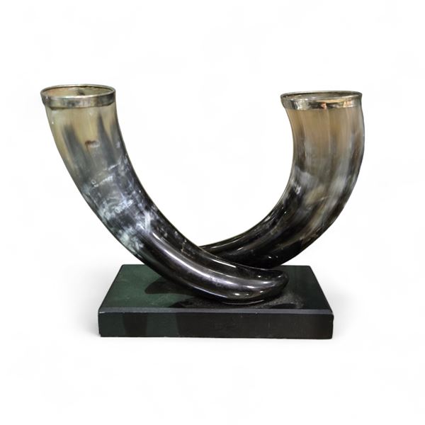 Genuine Double Horn Vase with Silver Plated Rims - 3" x 7" x 7.5" tall