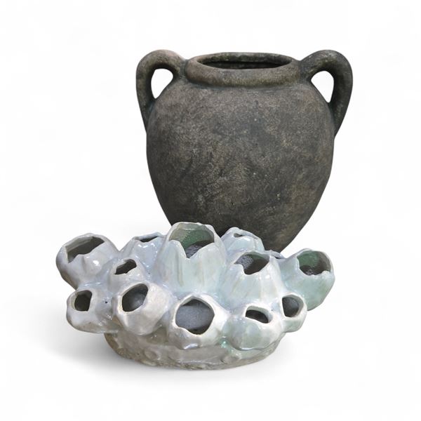 Glazed Pottery Flower Vase & Double Handled Pottery Jug - Vase is 7" x 12" x 5.5" tall