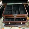 Image 3 : Large Wood Jewelry Case with Mirrored Lid - Sides open to hang bracelets & chains (10" x 18" x 10.5"