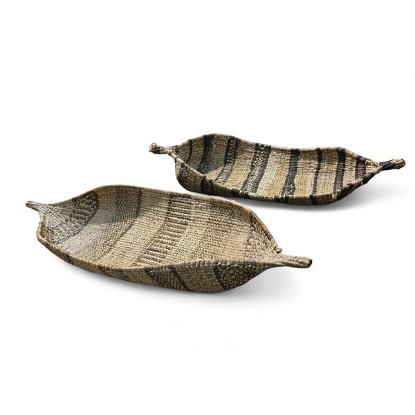 2 Vintage Ethiopian Gebela Handwoven Canoe Shaped Baskets (9" x 21" x 2.5" deep) - one has a small t