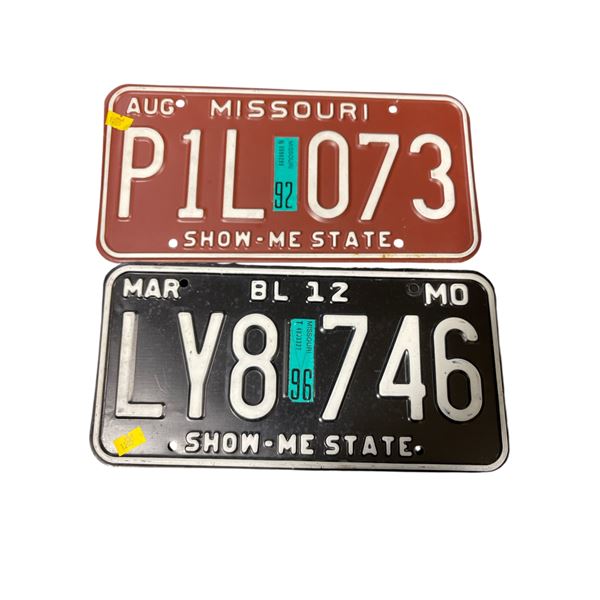 2 Missouri License Plates: LY 8746 (Mar 1996) and P1 073 (Aug 1992)