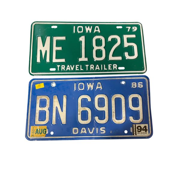 2 Vintage Iowa License Plates: BN 6909 (1986) and ME 1825 (1979) Travel Trailer