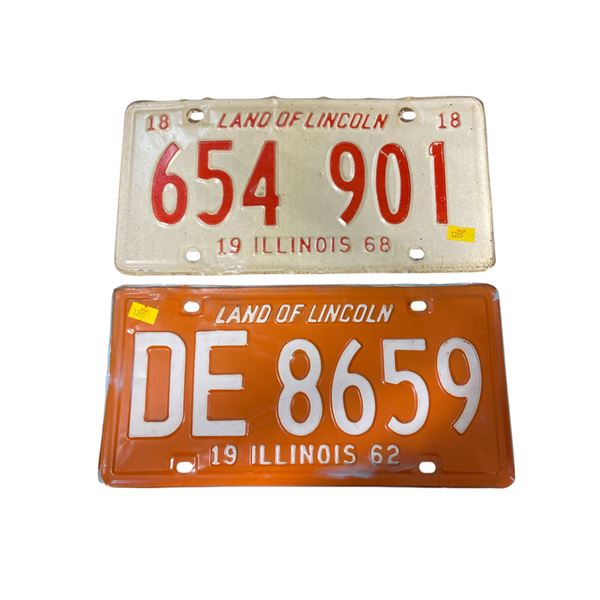 2 Vintage Illinois License Plates: DE 8659 (1962) and 654 901 (1968)