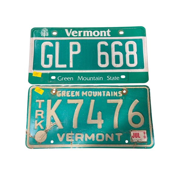 2 Vintage Vermont License Plates: TRK 7476 (Jul 1990) and GLP 668