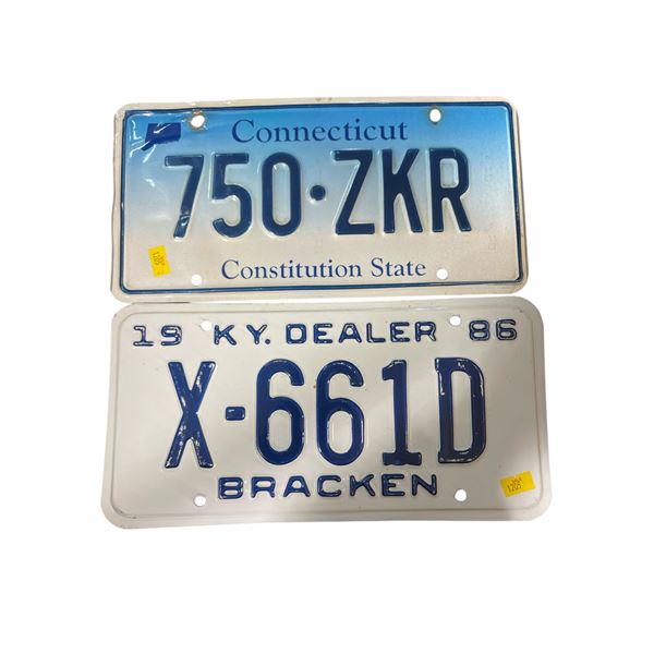 2 Vintage License Plates: Kentucky X-661D (1986) and Connecticut 750-ZKR