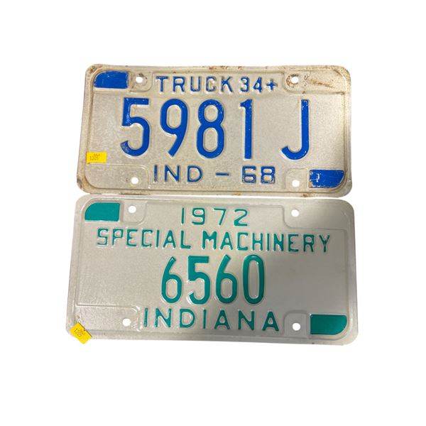 2 Vintage Indiana License Plates: 5981 J (IND - 1968 Truck) and 6560 (1972 Special Machinery)