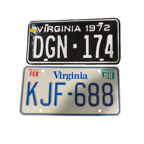 2 Vintage Virginia License Plates: DGN-174 (1972) and KJF-688 (Feb 1988)
