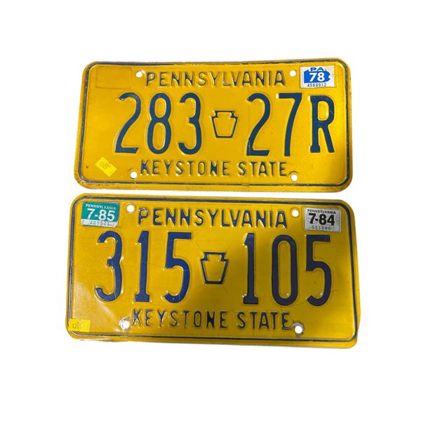 2 Vintage Pennsylvania License Plates: 315-105 (1984) and 283-27R (1978)