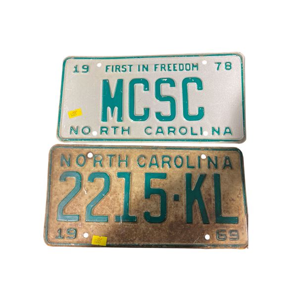 2 Vintage North Carolina License Plates: 2215-KL (1969) and MCSC (1978)