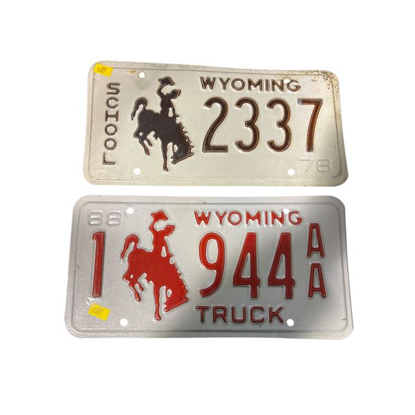 2 Vintage Wyoming License Plates: 944AA (Truck, 1988) and 2337 (1978)