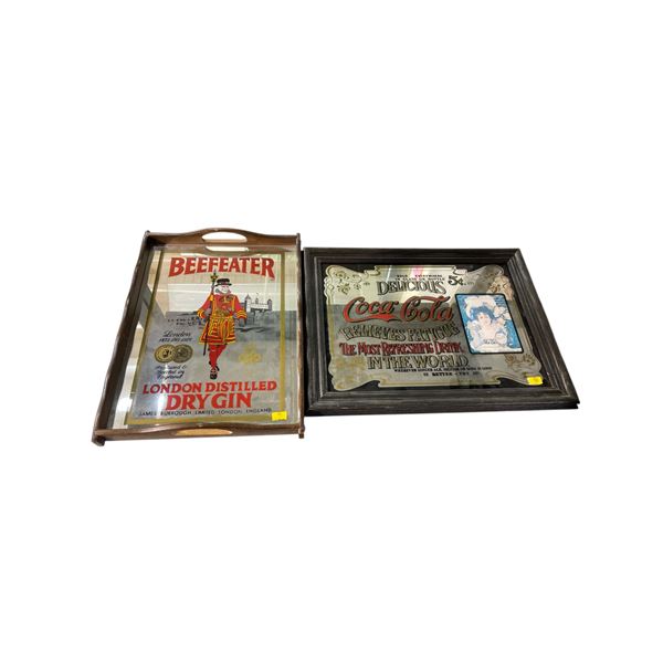 Vintage Coca Cola Bar Mirror (13" x 17") and Beefeater London Distilled Dry Gin Mirrored Serving Tra
