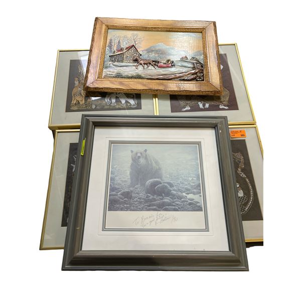 Group of 6: Signed Edition Print, Carved Winter Relief, And 4 Asian Panels