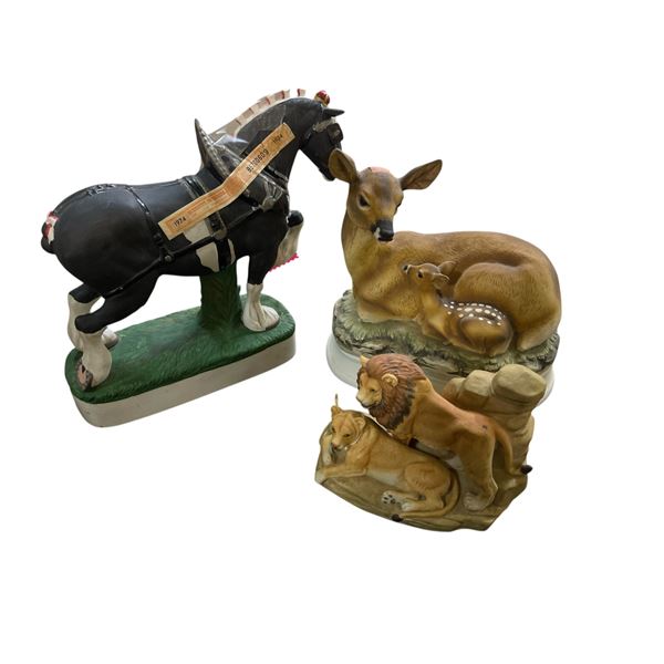 3 Whiskey Empty Decanters: 1978 Potter's Clydesdale, Large Deer & Fawn Decanter Music Box (Aprox 9" 