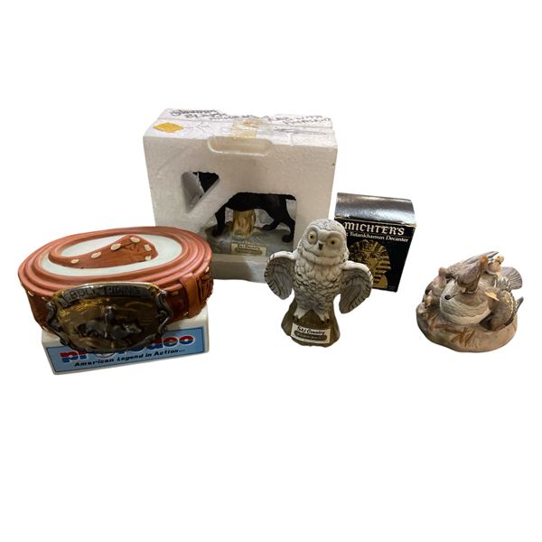 5 Empty Decanters: 1989 Hoffman Pro Rodeo "Bull Riding" Belt , 1977 Ski Country Owl Mini,  1978 Blac