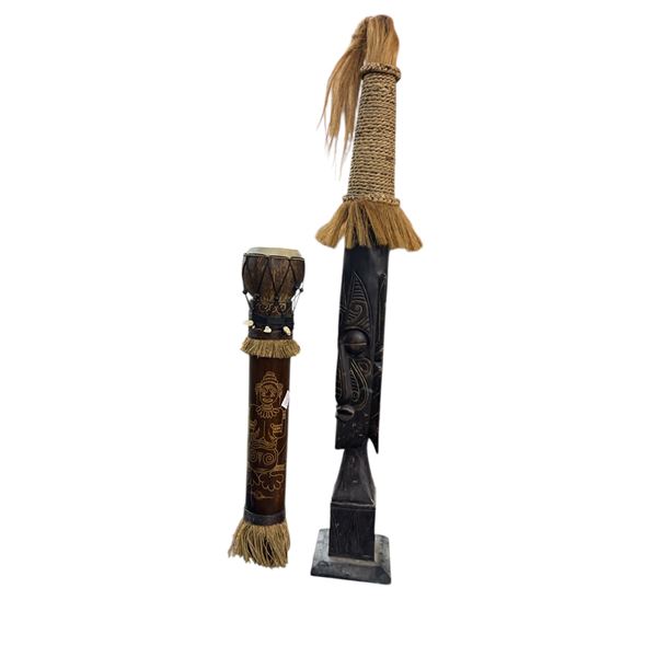 Carved African-Style Wood Figure with Raffia Headdress (H38") and Bamboo Rainstick Instrument (39.5"
