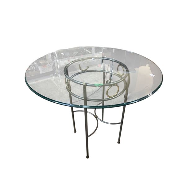 Round Glass-topped Metal Kitchen Table, Approx. H30" x Dia. 35"