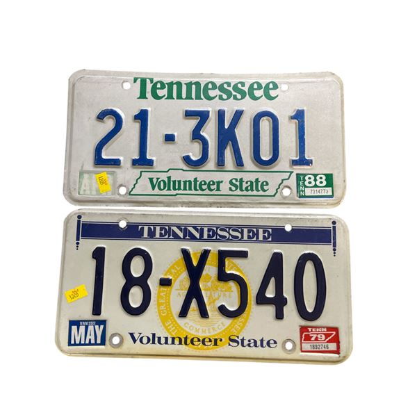 Pair of Tennessee Vintage License Plates: "18-X540" (1979) and  "21-3K01" (1988)