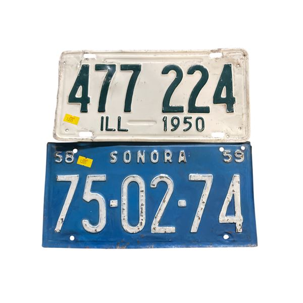 2 Vintage License Plates: Illinois "477 224" (1950) and Sonora "75-02-74" (1959)