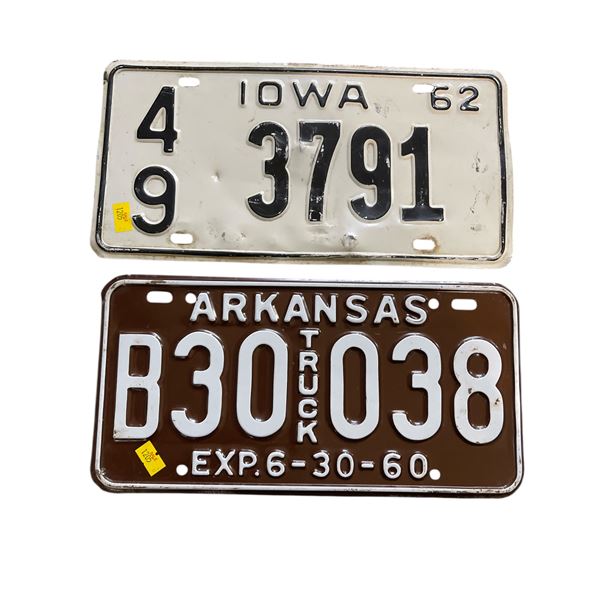 2 Vintage License Plates: Arkansas Truck "B30 038" (1960) and Iowa "49 3791" (1962)