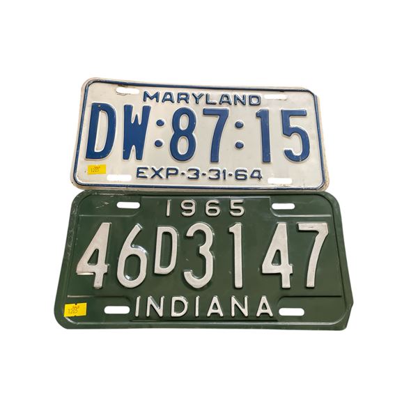 2 Vintage License Plates: Maryland "DW-87-15" (1964) and Indiana "46D3147" (1965)