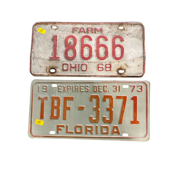 2 Vintage License Plates: Ohio "18666 FARM" (1968) and Florida "TBF-3371" (1973)