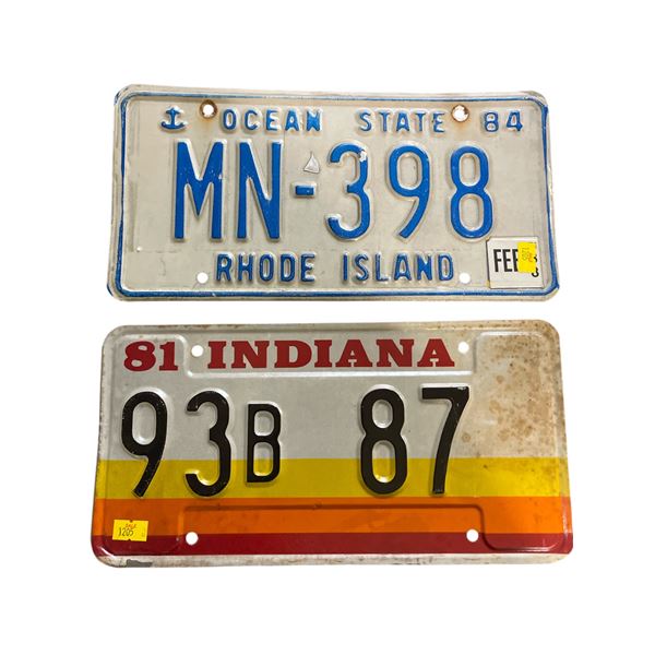 2 Vintage License Plates: Rhode Island "MN-398" (1984) and Indiana "93B 87 (1981)