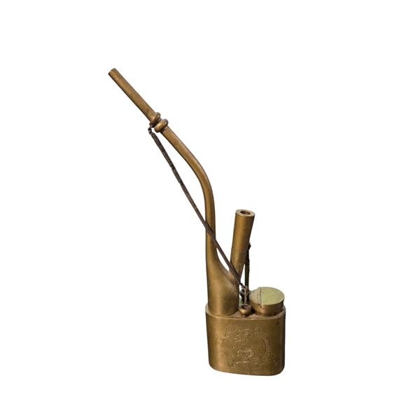 Chinese Brass Engraved Water Smoking Pipe, H10.5"