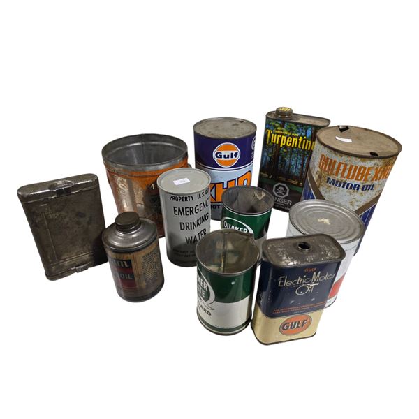 11-Pcs Assorted Vintage Oil Cans & Containers Includes Quaker State, Gulf & More