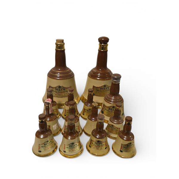 14 Vintage Bell's Blended Scotch Ceramic Empty Bottles (2 Lids Missing - Assorted Sizes)