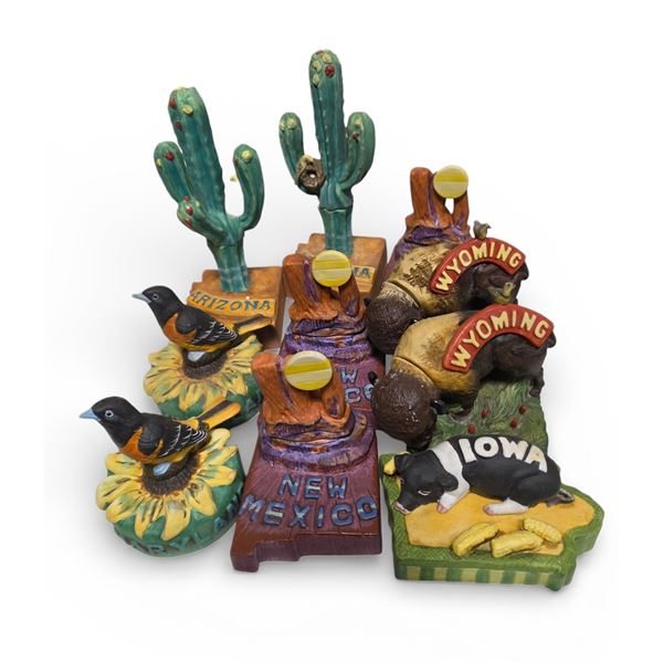 10 State Mini Series Ceramic Figurine Empty Decanters - Arizona, New Mexico, Wyoming, Iowa, Maryland