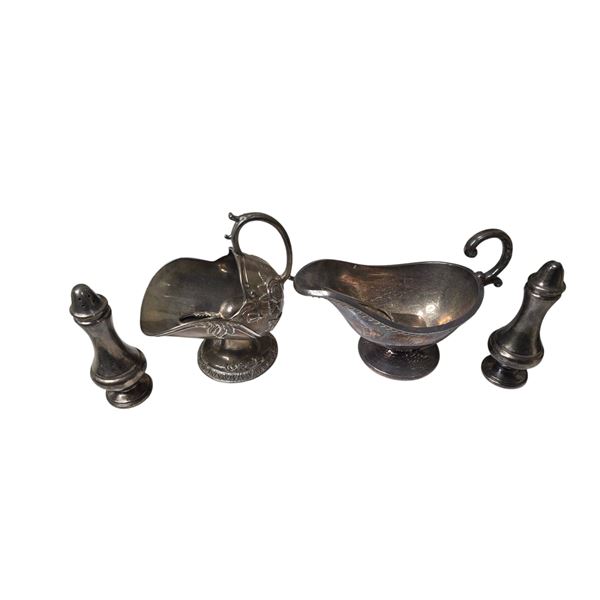 4-Pcs Silver-plated Sauce Boat, Creamer, and Salt & Pepper Shakers