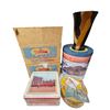 Image 1 : 7 Assorted Vintage Tins & Collectibles - Leather Patchwork Vase, Biscuit & Holiday Tins, Souvenir Sp