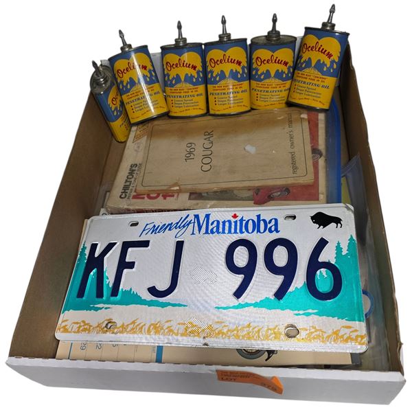 6 Vintage Ocelium Oil Cans, 1969 Cougar Owner’s Manual, Stickers, Manitoba Plates, 1916 Aus