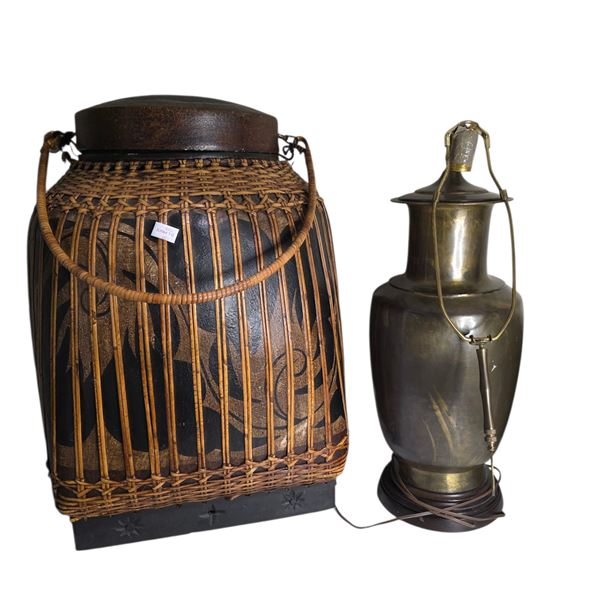 Southeast Asian Vintage Bamboo Lidded Rice Basket, Approx. H25" x 16" and Large Wide Brass Table Lam