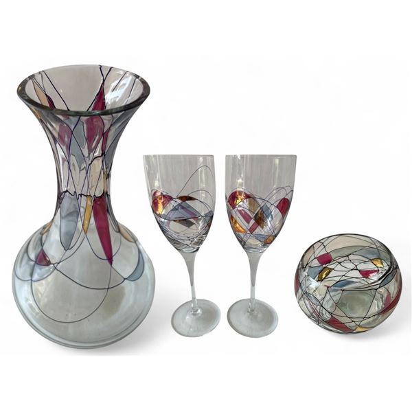 1950s Exquisite Partylite Hand-Painted Mosaic Art Glass - Flared Vase, Pair of Wine Goblets & Bowl