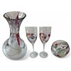 Image 1 : 1950s Exquisite Partylite Hand-Painted Mosaic Art Glass - Flared Vase, Pair of Wine Goblets & Bowl