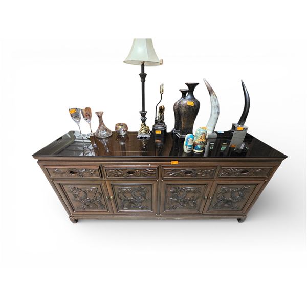 Chinese Hardwood Craved Sideboard with Glass Top, Approx. H34" x W72" x D19"