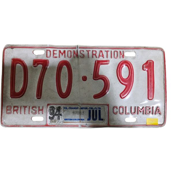 1994 BC Demonstration Licence Plate D70-591 (has been bent in the center)