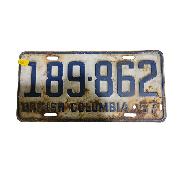 1957 BC Single License Plate 189-862