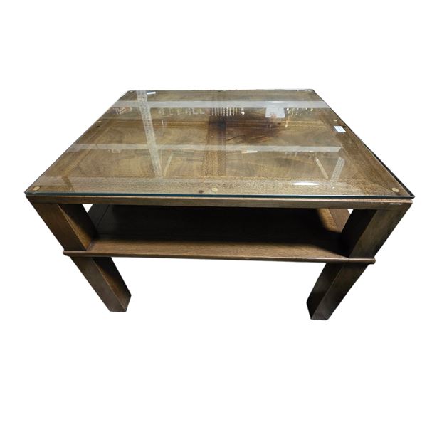 Square Mahogany Side Table with Side Scrollwork ( glass topped)