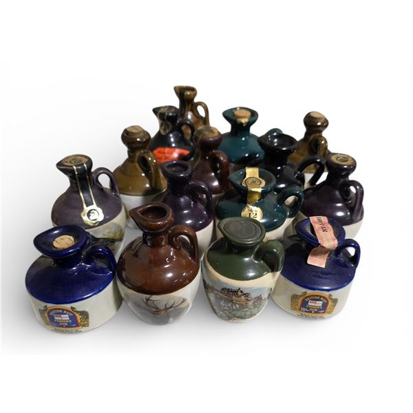 Group of 14 Ceramic Mini Rum & Whiskey Liquor Bottles - Some are sealed