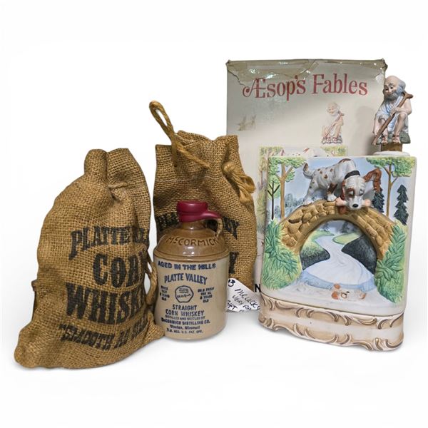 Hoffman Aesop's Fable Musical Liquor Decanter & 2 McCornick 5" Corn Whiskey Jugs with Bags (all of t