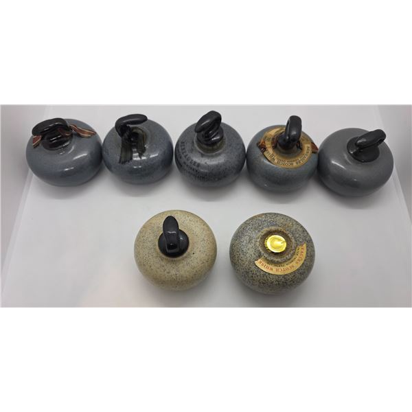 6 Glazed Ceramic Beneagles Curling Puck Scotch Liquor Minis - Empty