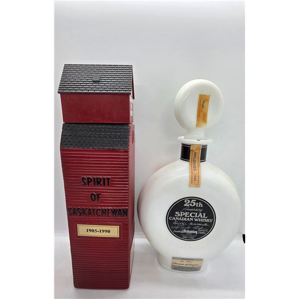 1990 Saskatchewan Grain Elevator & Schenley Milk Glass Chukar Partridge 26 Oz. Whiskey Decanter - Bo