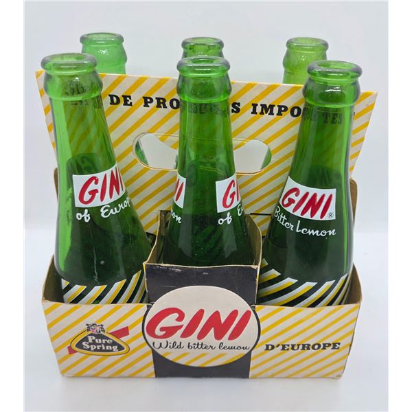 Vintage Six Pack Pure Spring Carrying Case with 6 Empty Green Glass Gini Bottles - Canadian Product