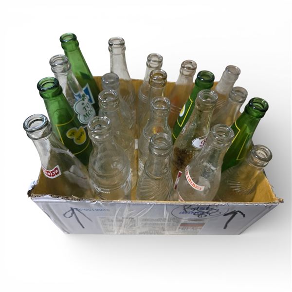Box of 20 Glass Soda Bottles - Up Town, Pepsi-Cola, Adanac, K Beverages and more - Empty